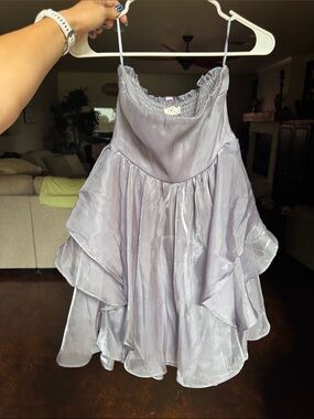 Strapless Shimmery Lilac Ruffled Party Dress